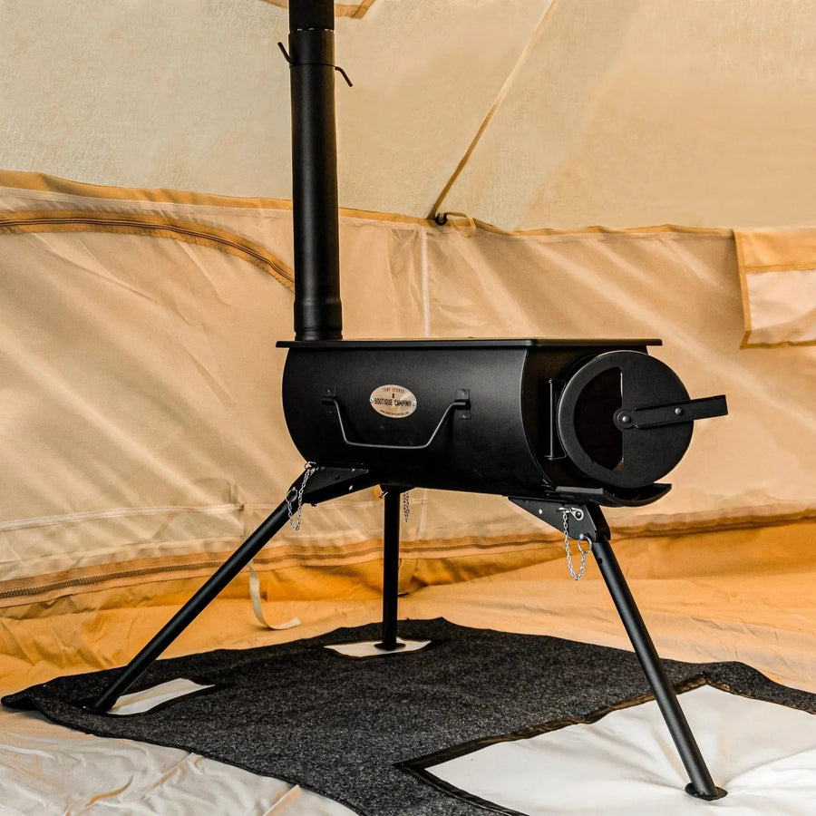 boutique camping glamping tent wood burning stove with glass door