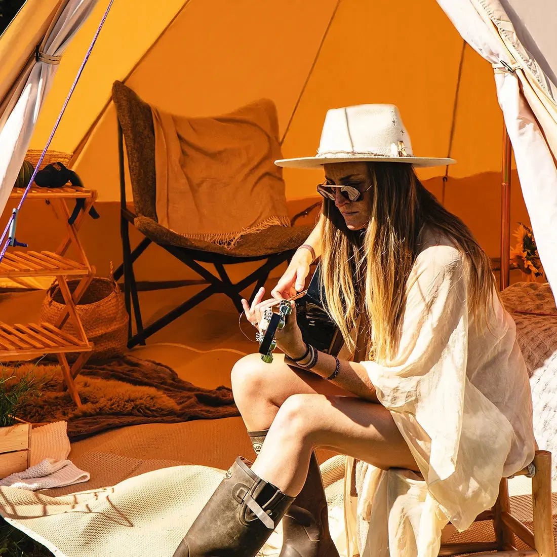 classic glamping bell tent boutique camping tipi girl boho girl guitar