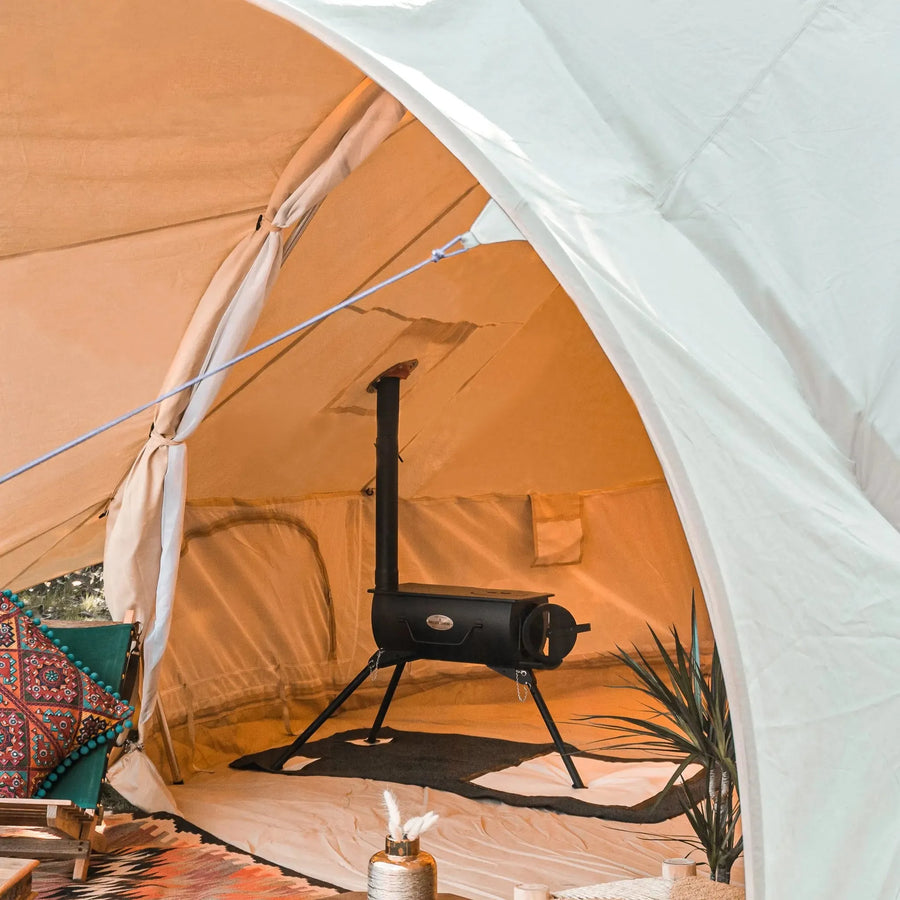 boutique camping glamping tent wood burning stove with glass door
