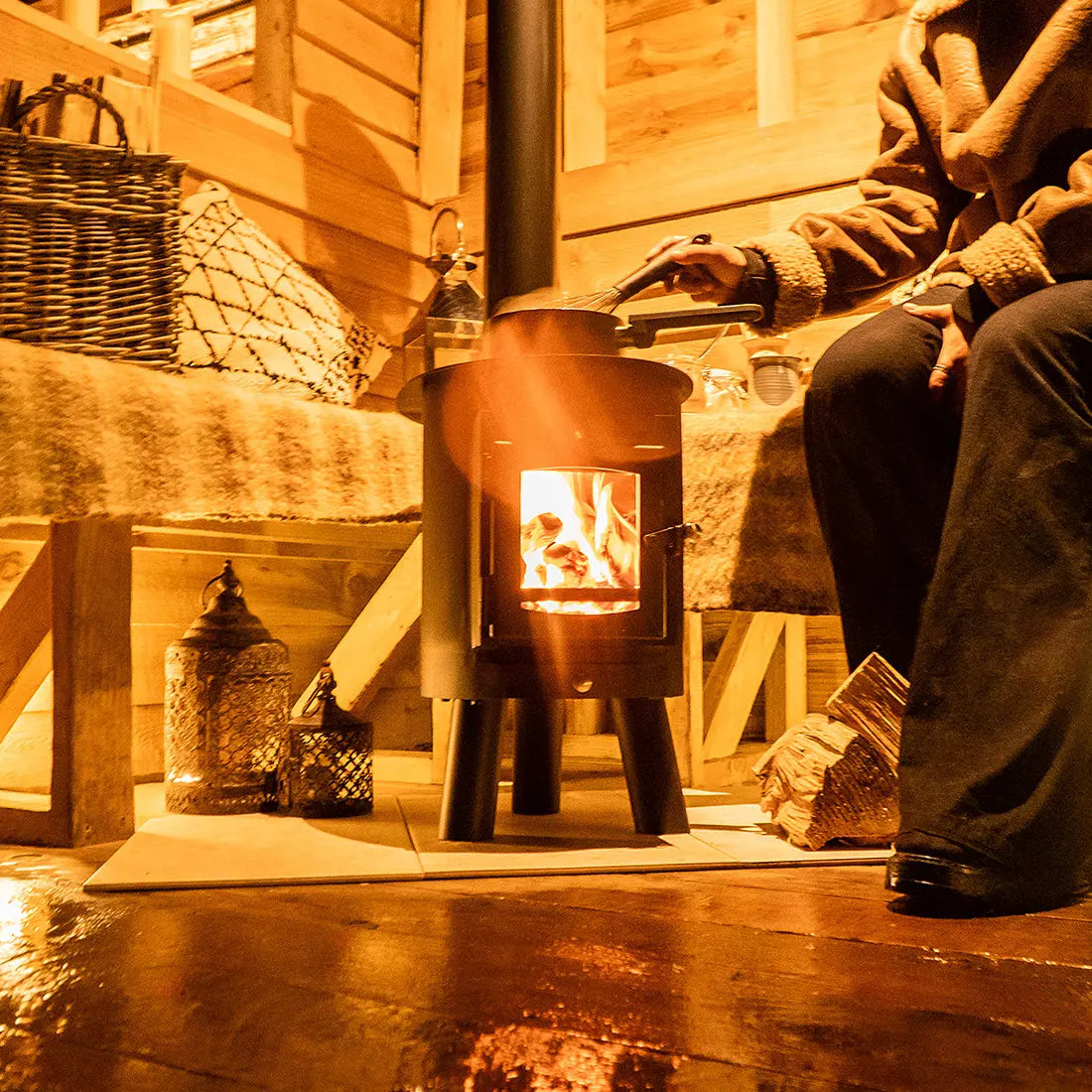 glamping wood burning stove boutique camping cabin shepards outbacker
