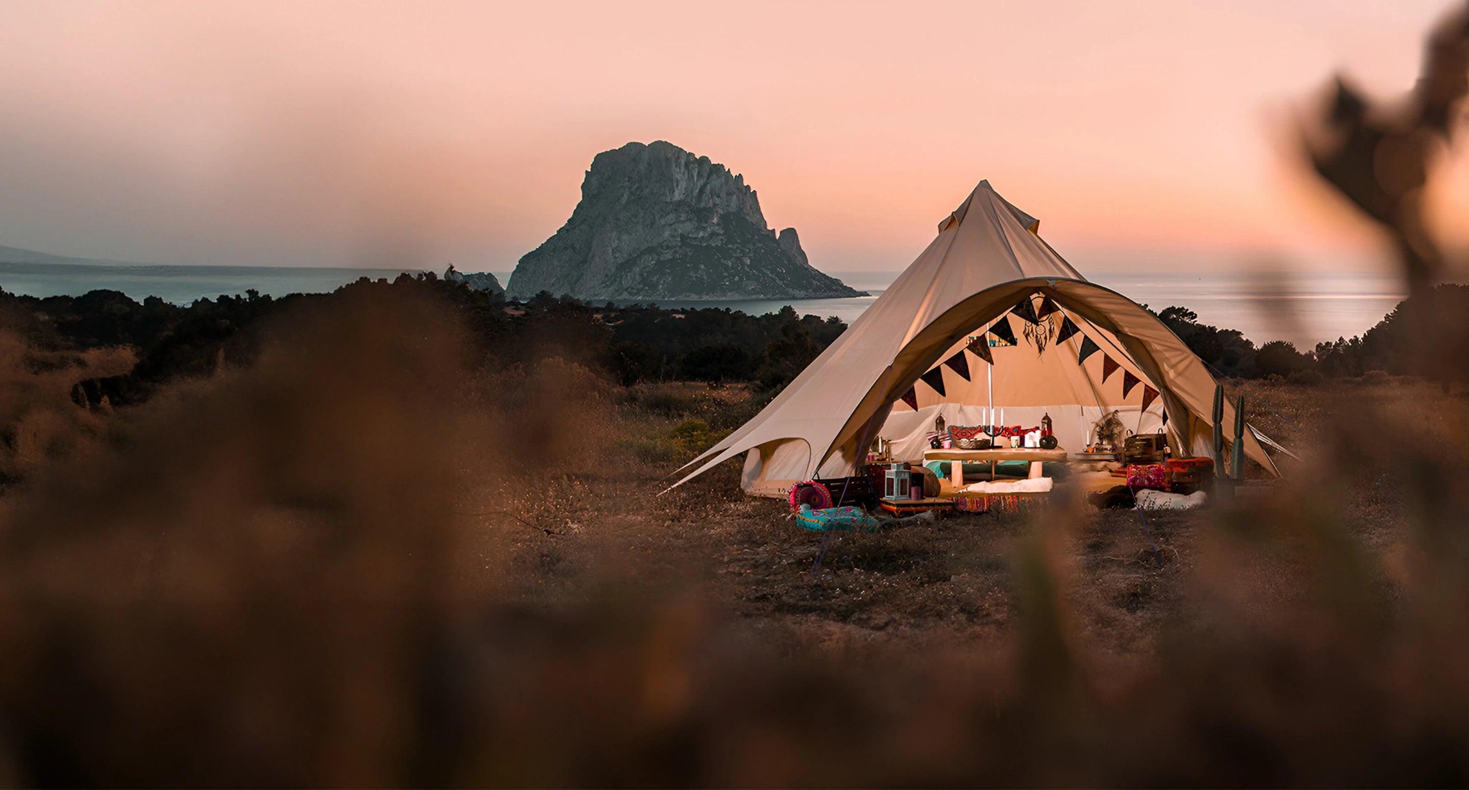 boutique camping canvas bell tent with glamping furnishing