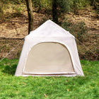 mesh windows shown of a boutique camping festival tent with trees in the background