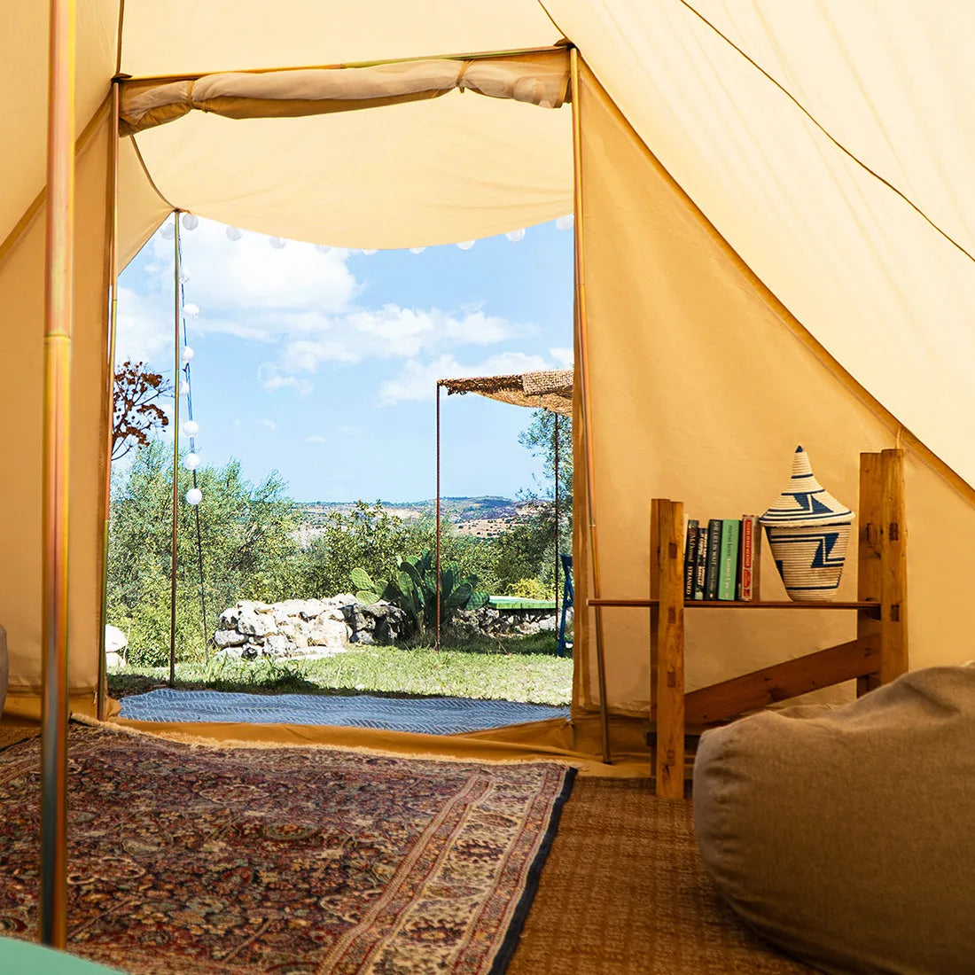 view from inside the boutique camping tucana tent showing the scenic view from inside the tent outwards