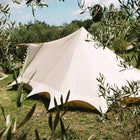 back view of the boutique camping tucana bell tent framed by vibes and leaves