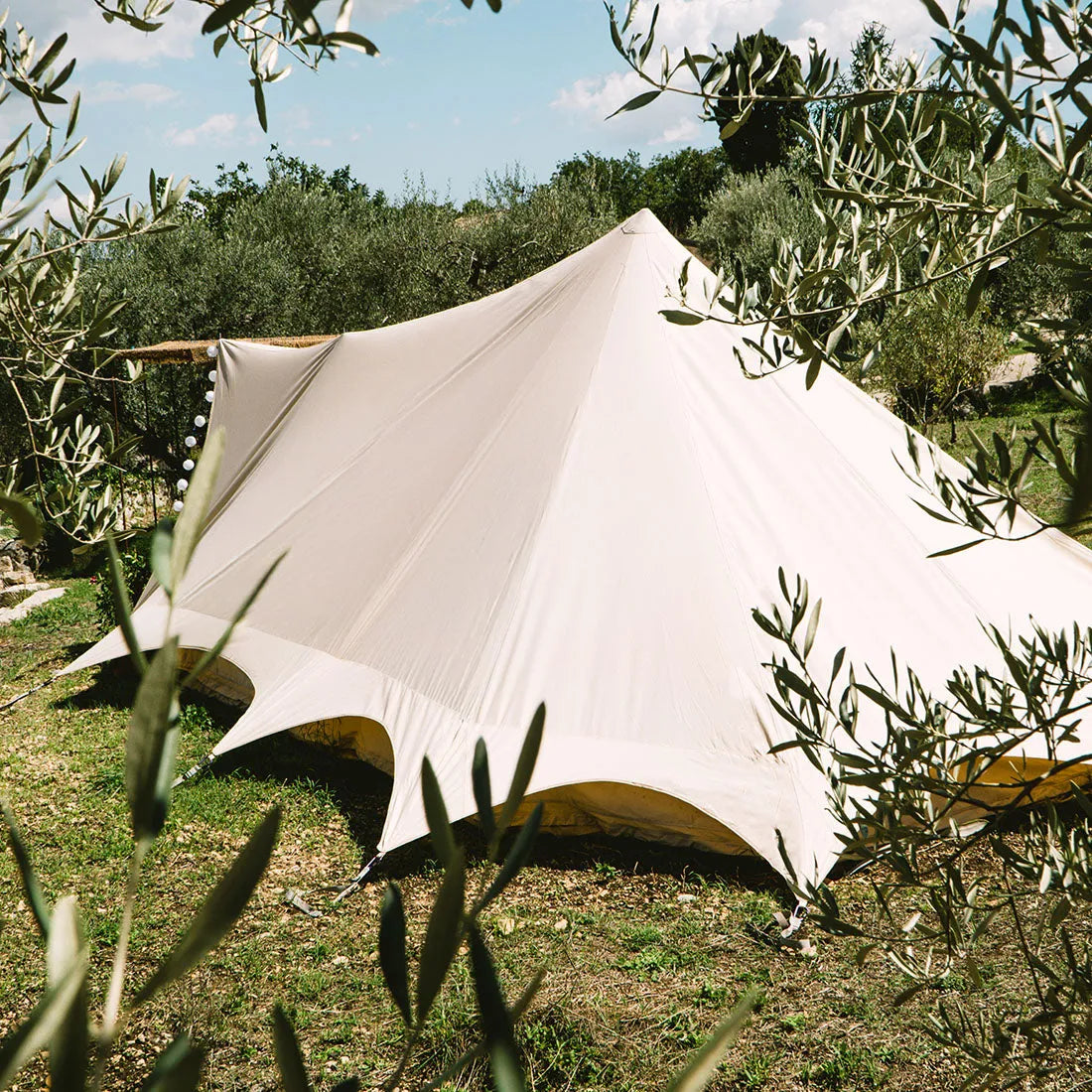 back view of the boutique camping tucana bell tent framed by vibes and leaves