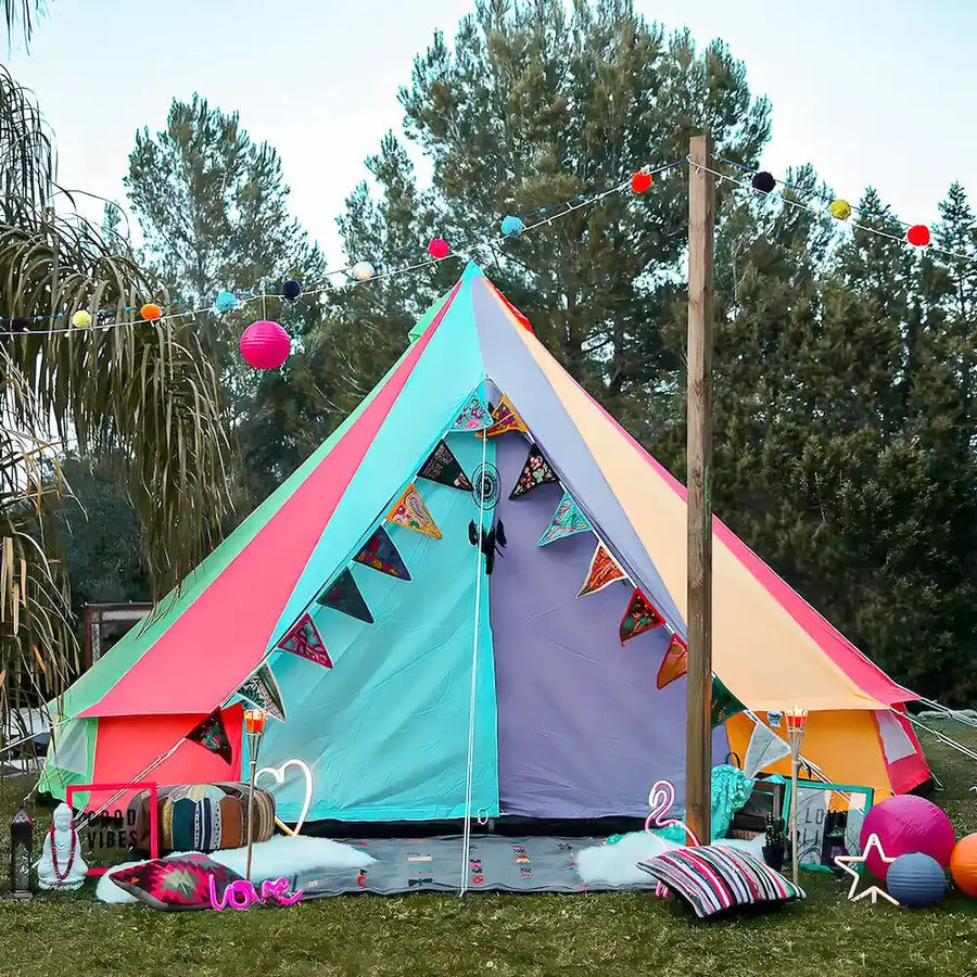 rainbow multi colour classic bell tent tipi double quad multi door canvas festival glamping boutique camping