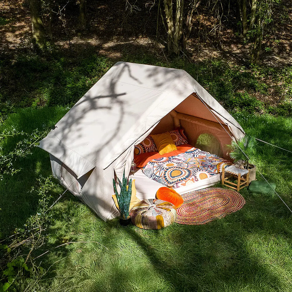 boutique camping inflatable vela air tent with double mattress and cosy furnishings