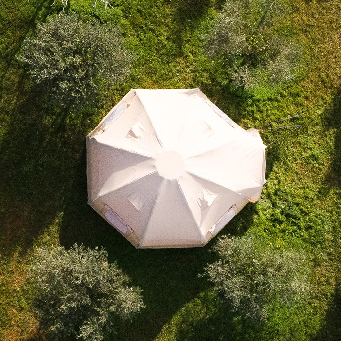 An overhead aerial view of a boutique camping nova air dome glamping tent pitched on green grass among trees.