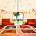 interior view of a boutique camping 5m luna bell tent with view of field