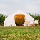 boutique camping 5m luna bell tent on decking with door open