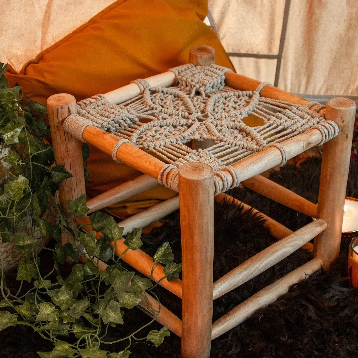 Boutique Camping Macramé Wooden glamping Stool for Bell Tent