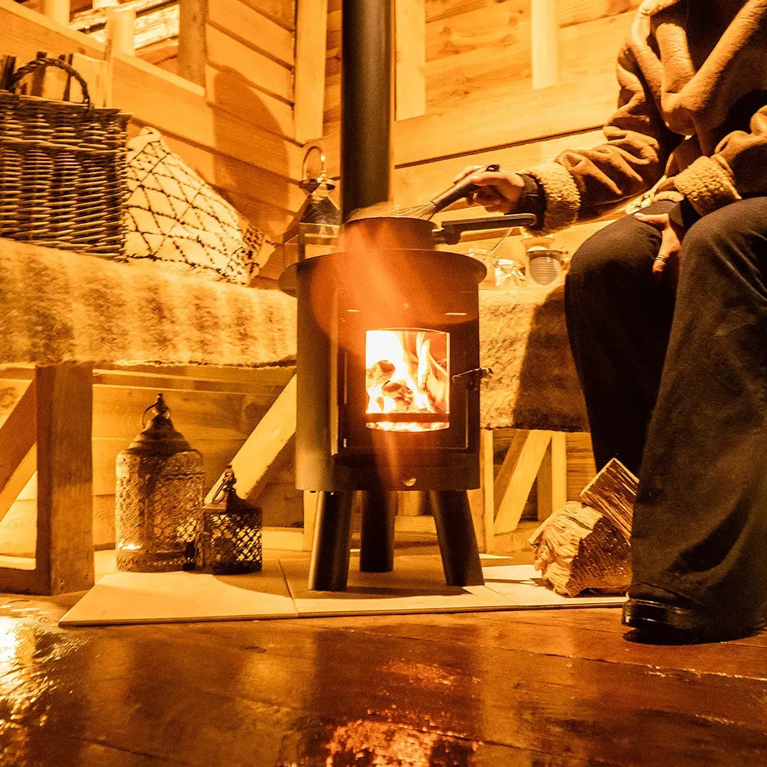 glamping wood burning stove boutique camping cabin shepards outbacker