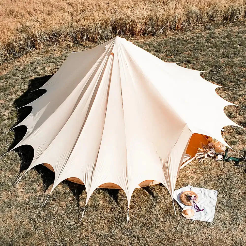 Bell tent plus glamping tent aerial top down view outdoor setup