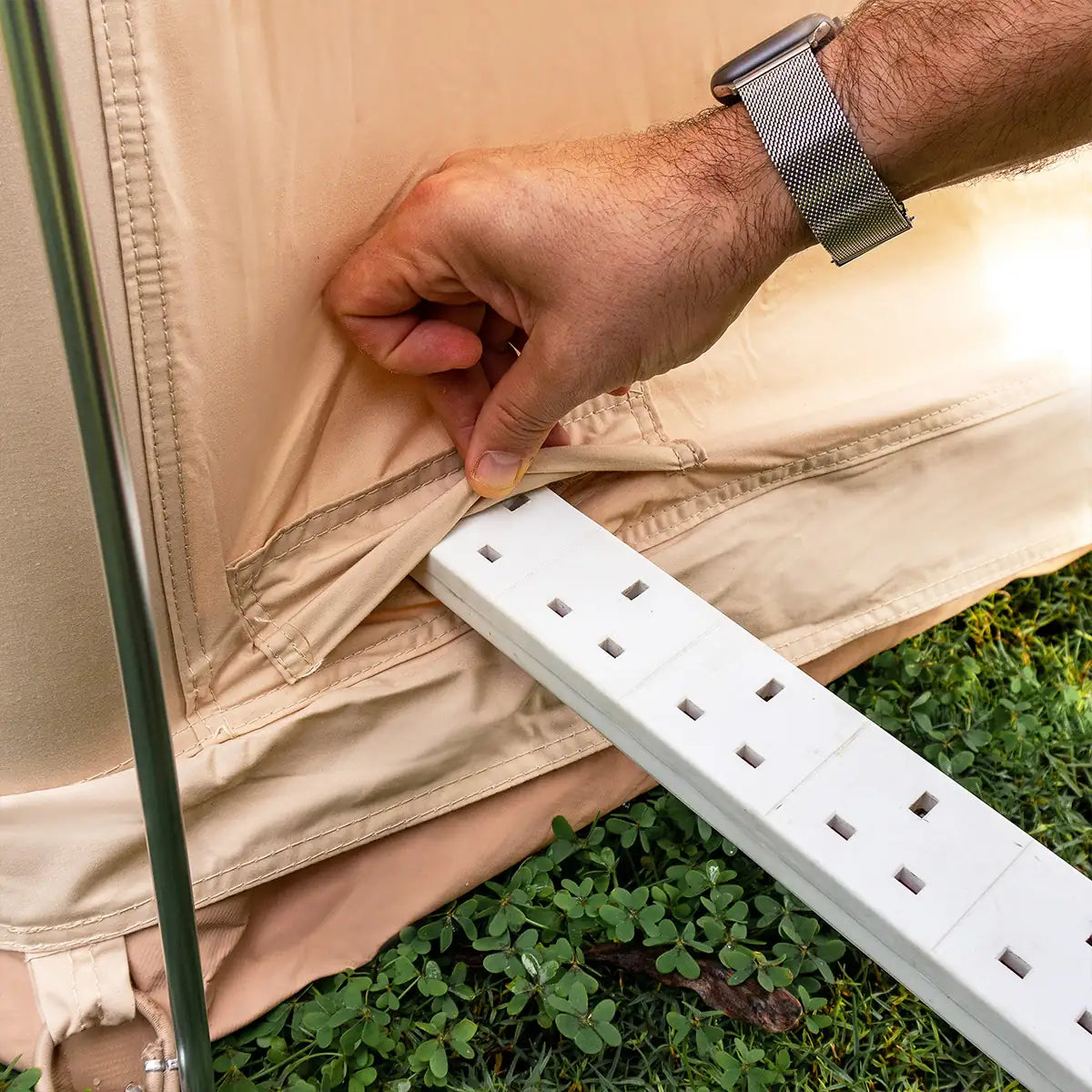 Bell tent plus glamping tent electric hook-up cable flap detail