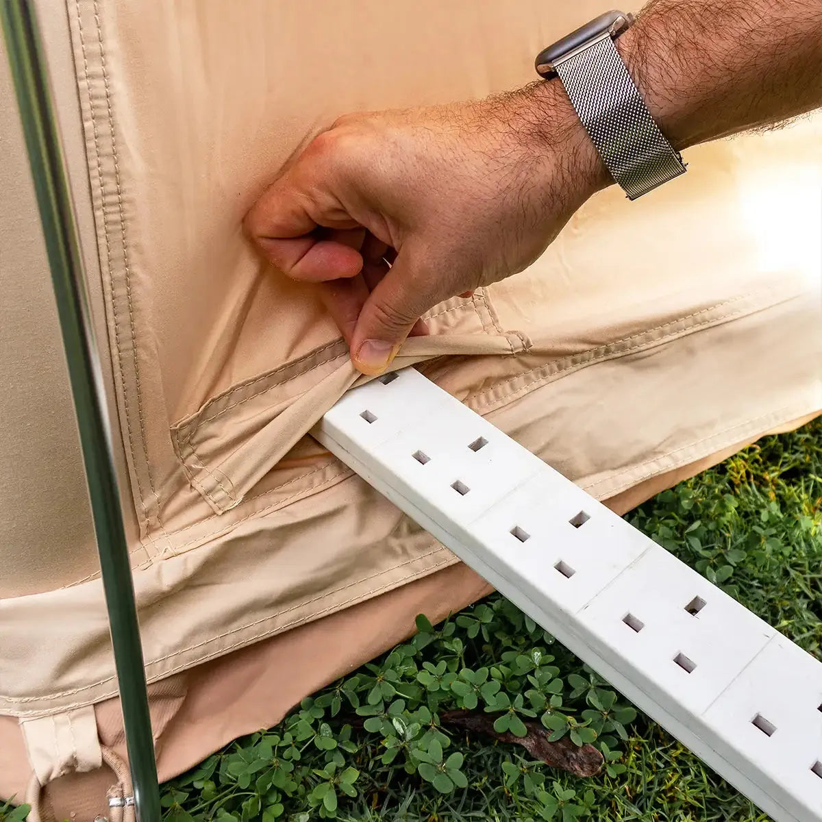 Bell tent plus glamping tent electric hook-up cable flap detail