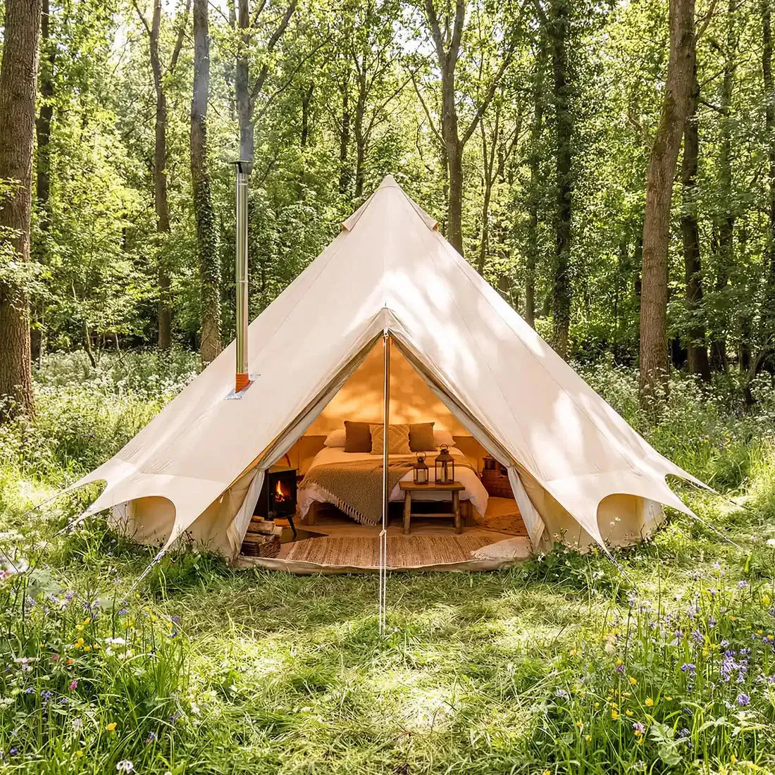 boutique camping fire retardant glamping tent in a forest with double bed and stove