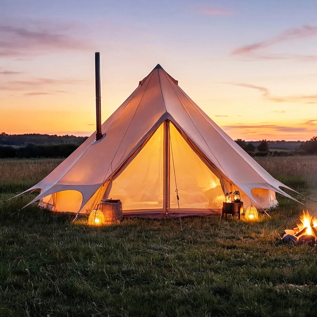 bell tent plus fire retardant glamping tent at sunset in a field with stove and golden lighting 