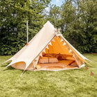 Bell tent plus glamping tent fire setup with stove flue side view in field