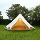 Bell tent plus glamping tent front entrance open in garden setup