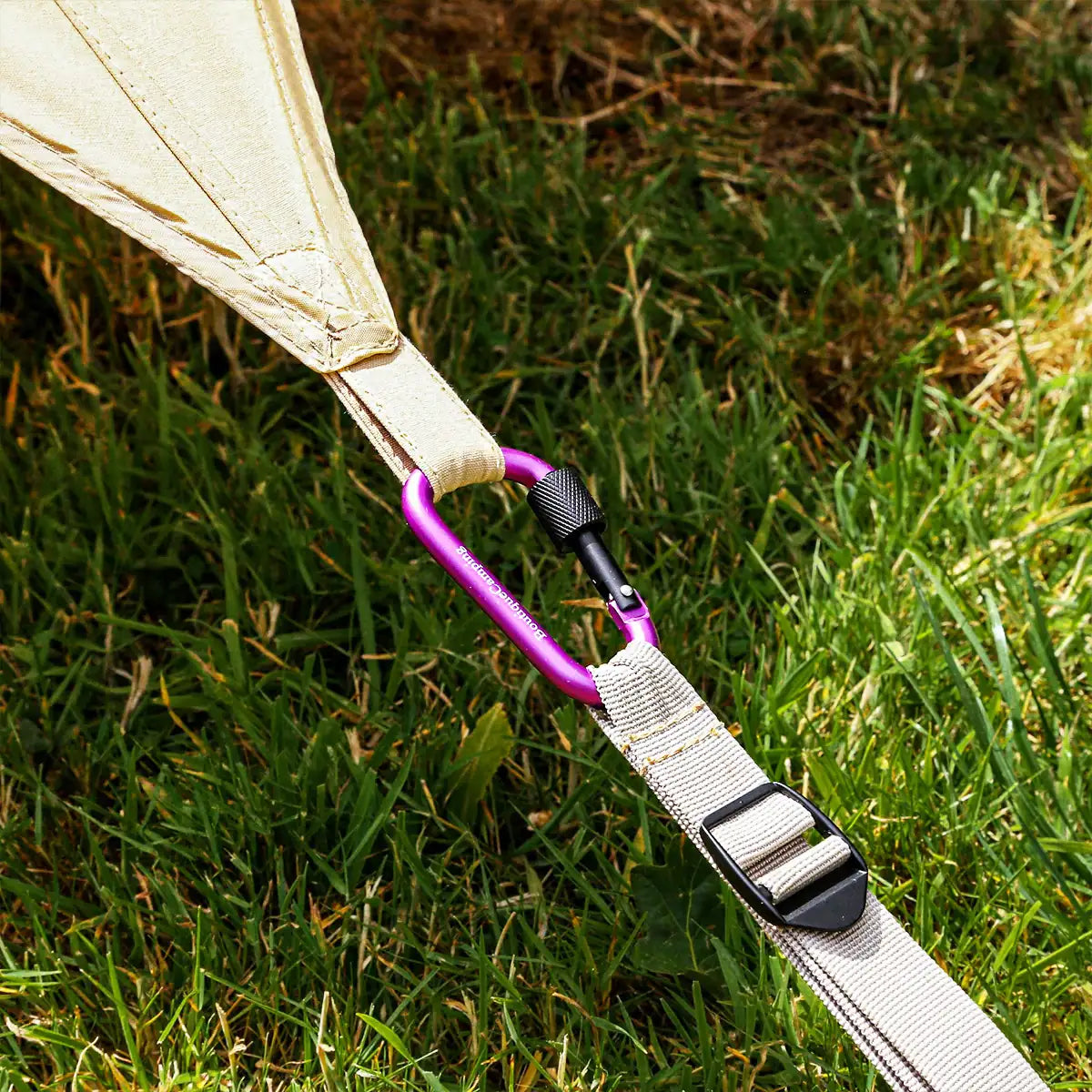 Bell tent plus glamping tent purple webbing straps and guy lines detail