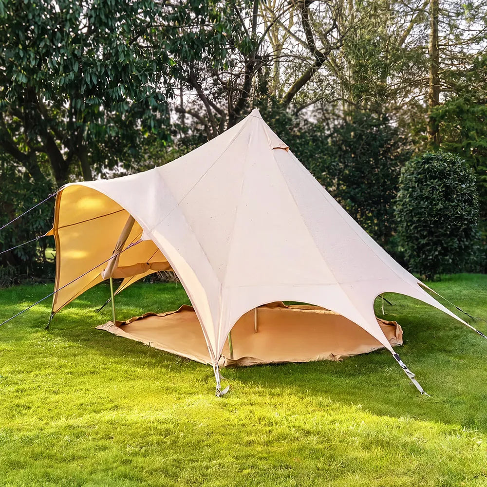 side shot of boutique camping star bell tent with groundsheet dettached
