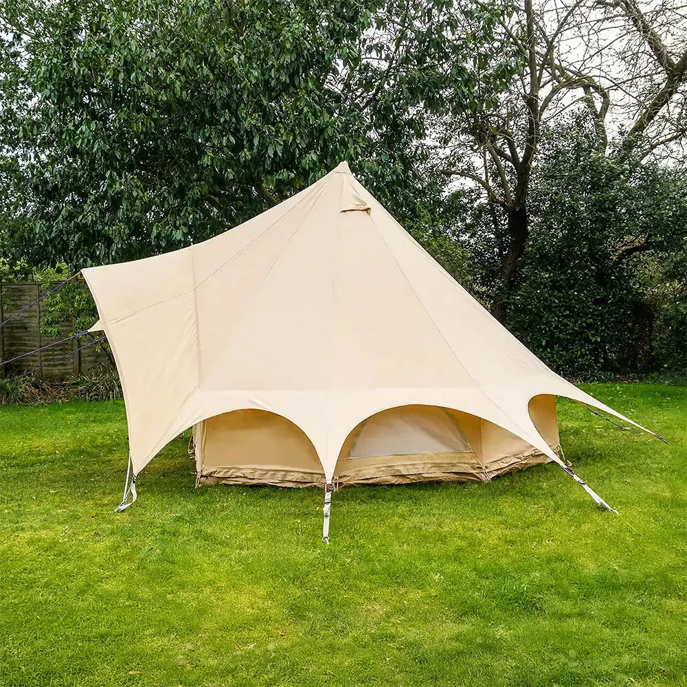 boutique camping star bell tent with canopy from the side