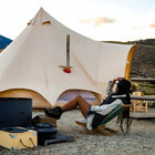 boutique camping hot tent star bell tent with with girl in deck chair and bstove inside tent