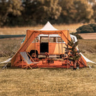boutique camping double door tucana bell tent n a field attached to a vw campervan with trees in the background in a field 