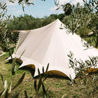 back view of the boutique camping tucana bell tent framed by vibes and leaves 