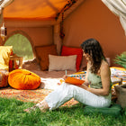 Vela Air Tent with cosy outdoor seating and boho chic design – Luxury glamping tent by Boutique Camping