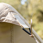 close up view of the vela air tent's front leading guy rope