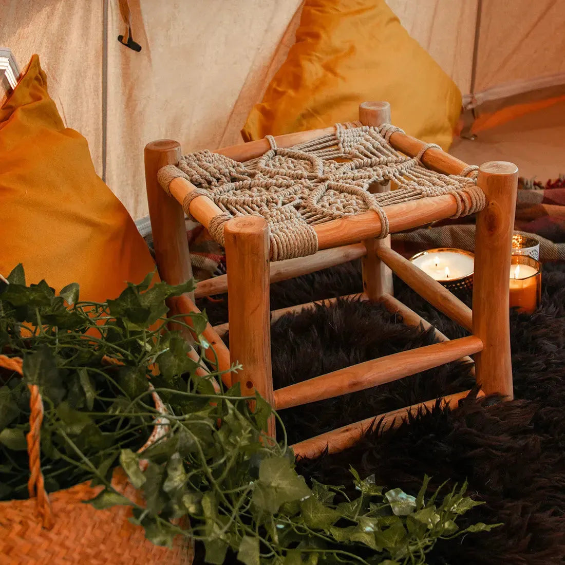 Boutique Camping Macramé Wooden glamping Stool for Bell Tent