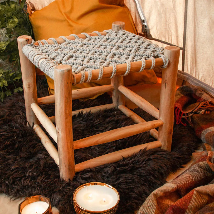 Macrame Stool Macrame Wooden Stool - Boutique Camping tent seating